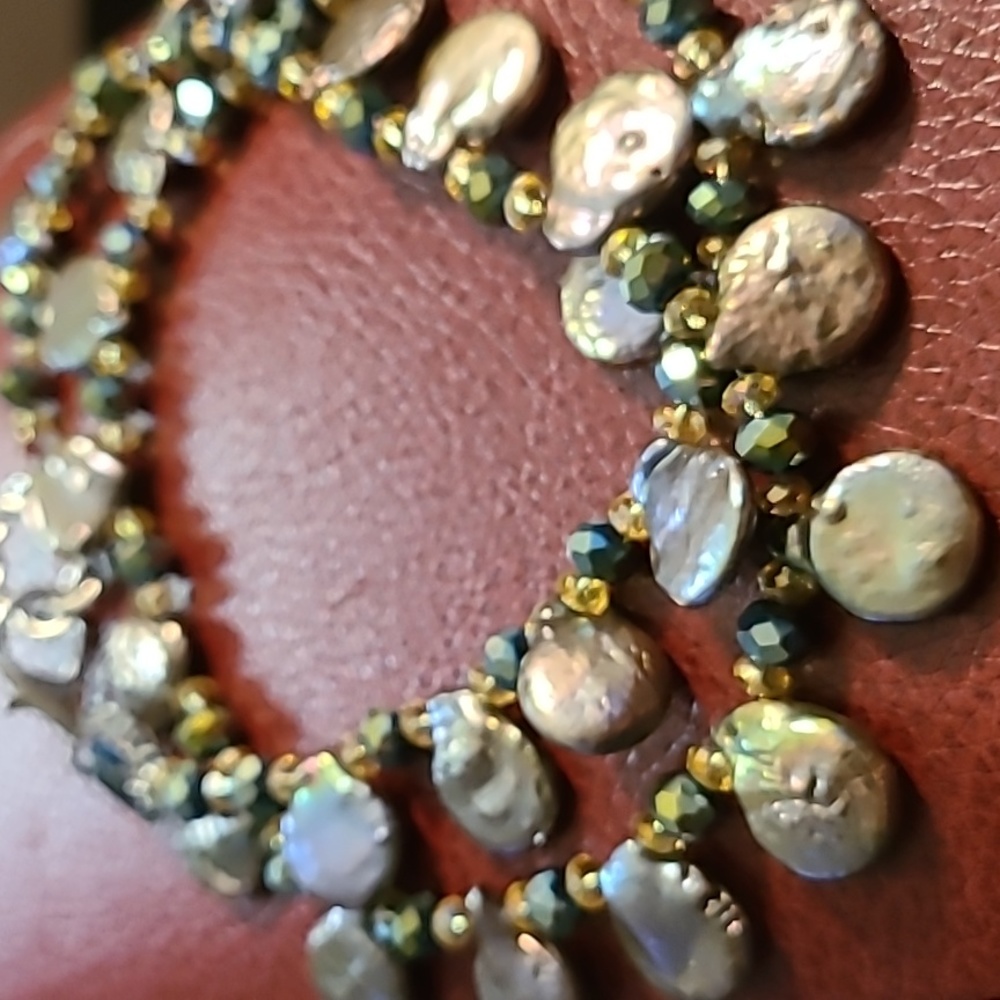 HANDCRAFTED COIN PEARLS AND CHRYSTAL NECKLACE